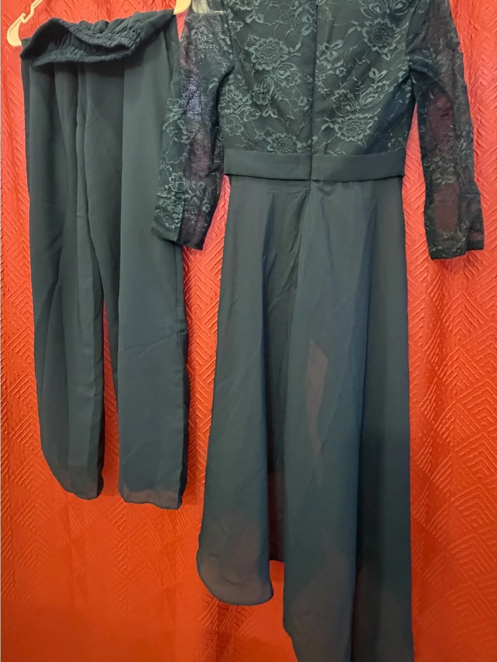 Women's Teal Lace Bodice Asymmetrical Dress and Pants Set